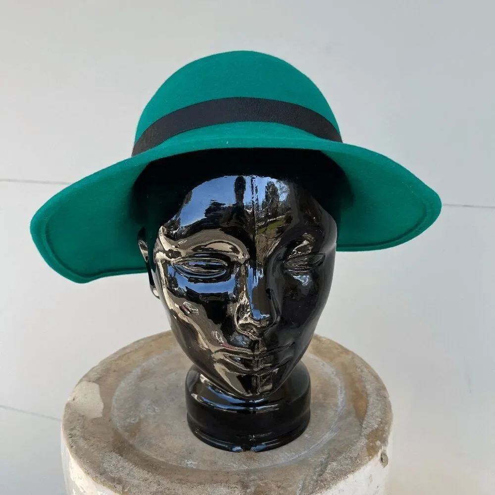 VTG 50s Bollman Green Wool Doeskin Cloche Hat Bow